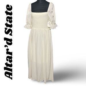 ALTAR’D STATE Peasant Style Dress, Cream, Puff Half Sleeves, Smocked Top, NWT